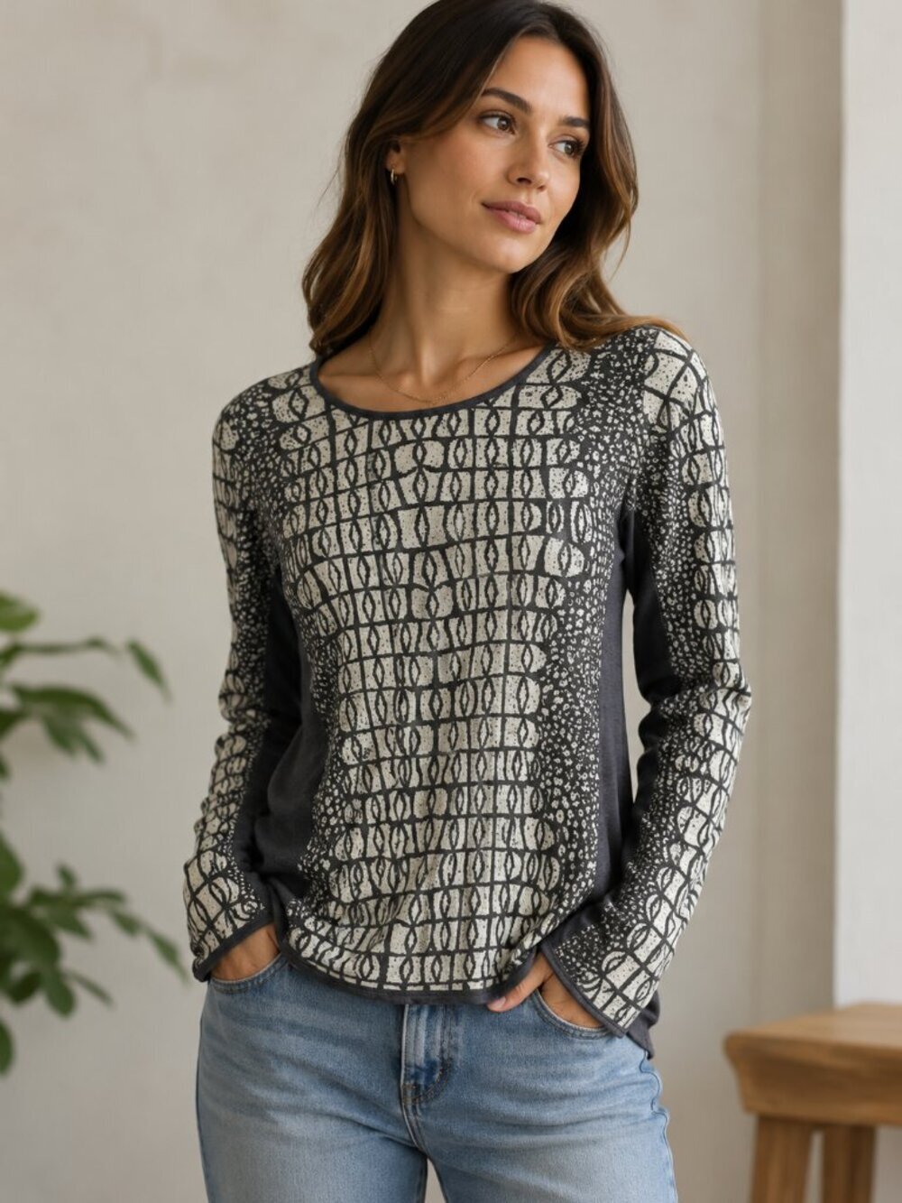 NIC+ZOE Geometric Jacquard Knit Top XS Charcoal Cream Color Block Long Sleeve